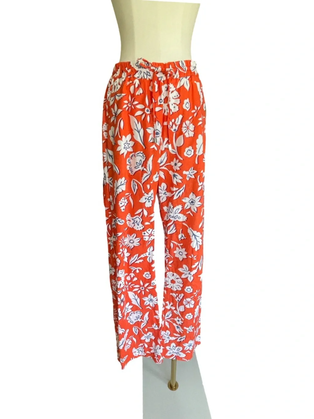 Zara Linen Blend Floral Drawstring Pants Wide Leg Orange White Size Small